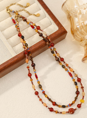 秋冬红玛瑙天然石串珠钛钢项链男女百搭感轻奢复古小众锁骨链