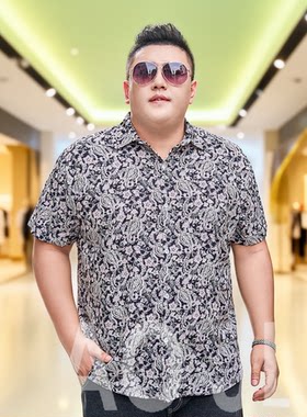 夏季新款胖子衬衫男式休闲加肥加大寸衫满印花肥佬宽松短袖花衬衣