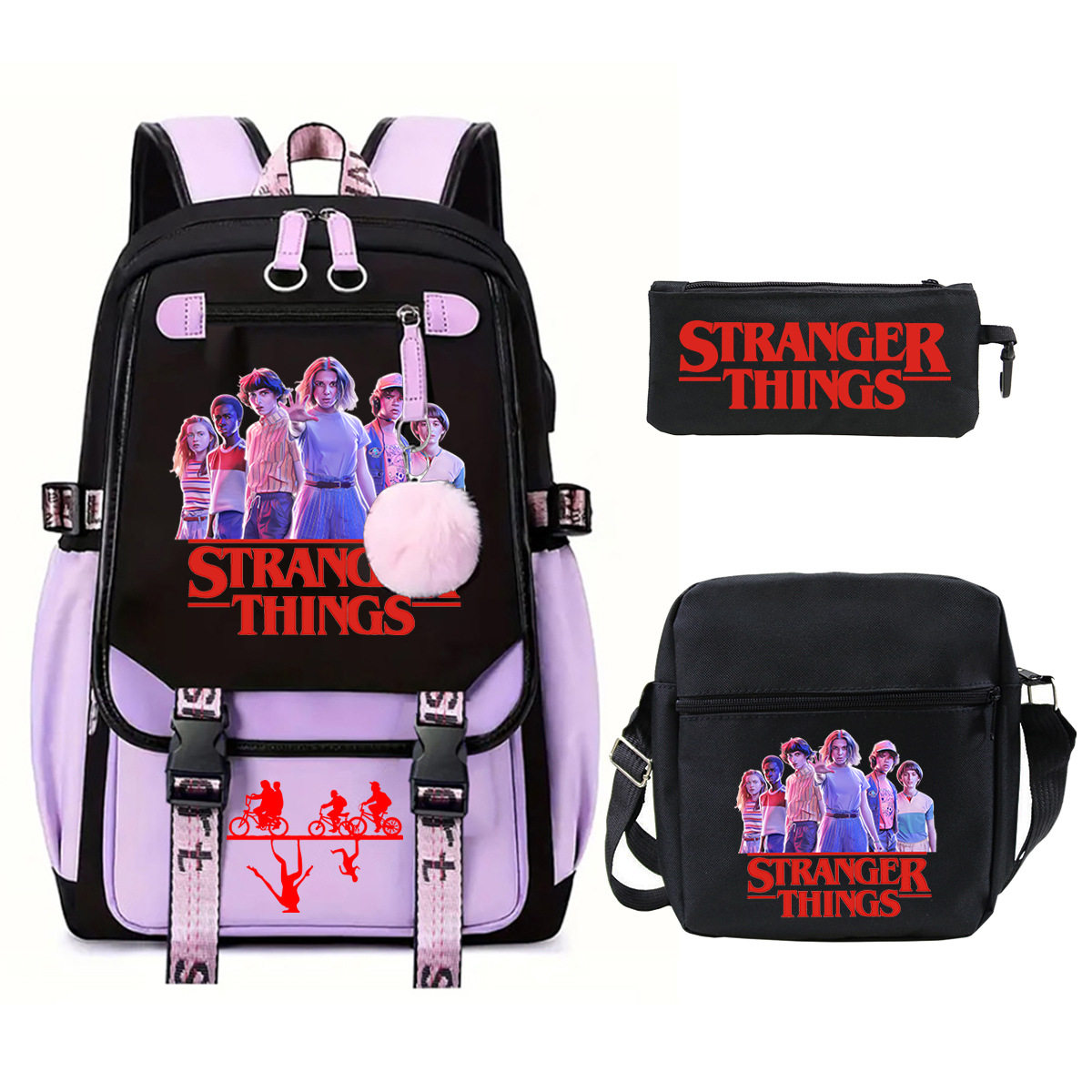 韩版潮流stranger things印花儿童背包三件套大容量学生书包