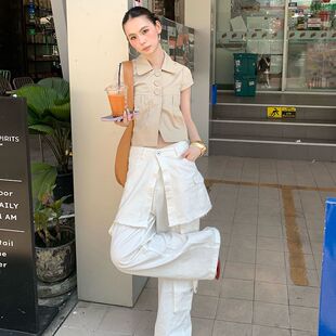 2026复古翻领插兜短袖衬衫外套女夏季设计感修身短款工装上衣