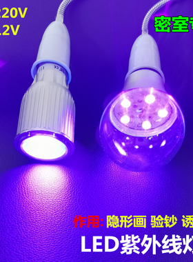 直流DC12V24Vled紫外线紫光灯泡鞋厂制衣厂隐形线笔画验钞密室E27