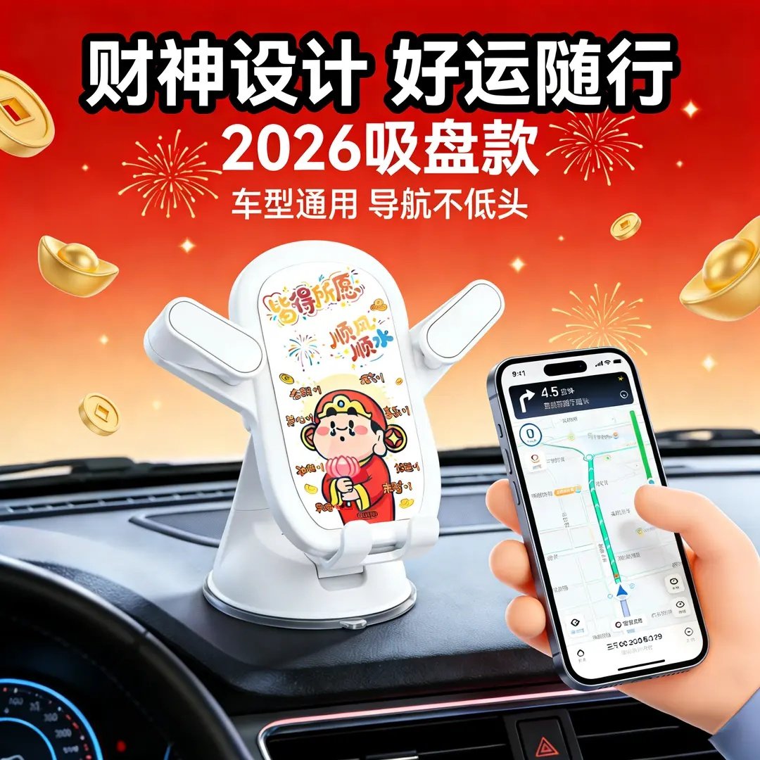 2026新款车载吸盘手机支架喜庆卡通可爱汽车导航手机支架三轮通用