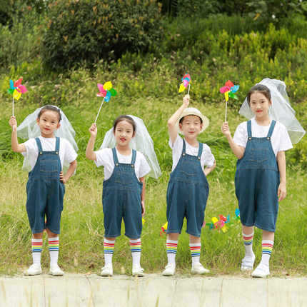 儿童背带裤幼儿园表演男女宝宝亲子牛仔裤短袖帽子头纱演出毕业服
