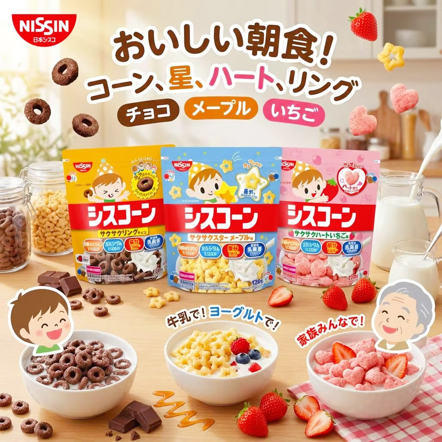 日本进口NISSIN日清麦片玉米片儿童营养即食甜甜圈巧克力冲饮麦片
