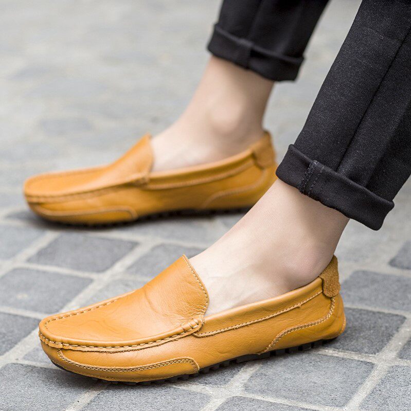 DOUDOU 신발 남성 여름  가죽 영국 2024 한국어 버전 유행 통기성 게으른 한쪽 다리 남성 신발 남성용 캐주얼 가죽 신발