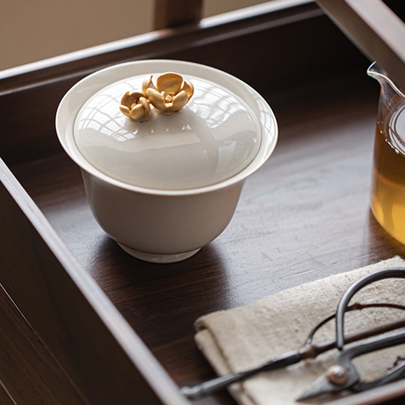 手工草木灰盖碗纯手工捏花泡茶碗茶杯薄胎描金盖碗家用不烫手茶碗