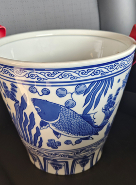 有鱼在藻陶瓷冰桶青花冰桶花瓶花盆家具摆件玄关无孔花瓶青花瓷