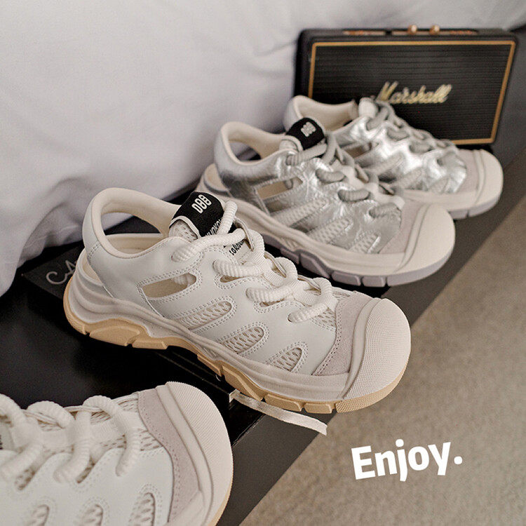 复古网面透气镂空大头丑萌鞋女2024春夏新款厚底系带包头凉鞋