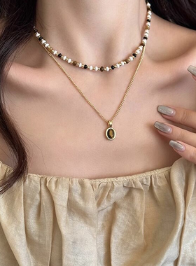 《虎眼石》美拉德双层叠戴串珠项链复古轻奢小众高级感椭圆毛衣链