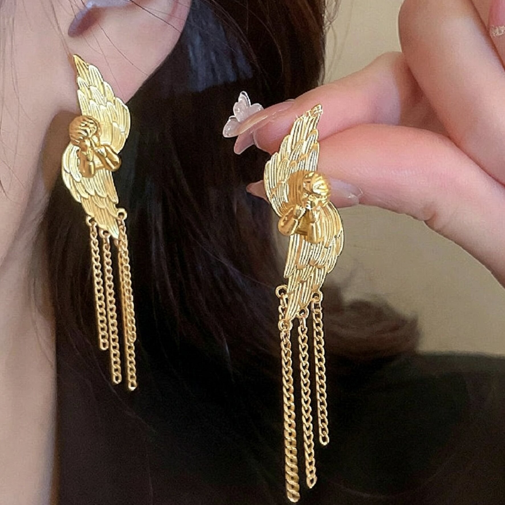 《守护天使》异域风天使翅膀耳钉女个性夸张链条长款流苏耳环耳饰