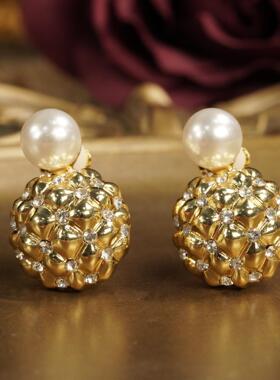 《十全十美》轻奢金色镶钻珍珠耳夹优雅高级感时尚百搭无耳洞耳饰
