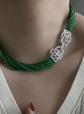 《东方山茶》山茶花锆石小清新多层项链慵懒感设计叠穿颈链锁骨链