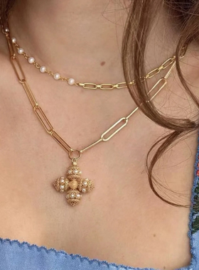 复古维纳斯少女珍珠十字架项链