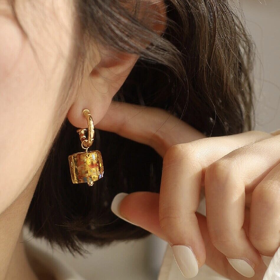 《流年》华美灵动精巧摩登干花方块耳环女复古高级感几何吊坠耳饰
