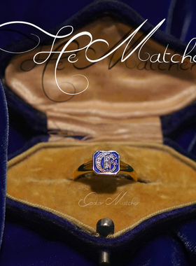 复古轻奢戒指女蓝珐琅个性宝石双面字母设计925纯银金不掉色饰品