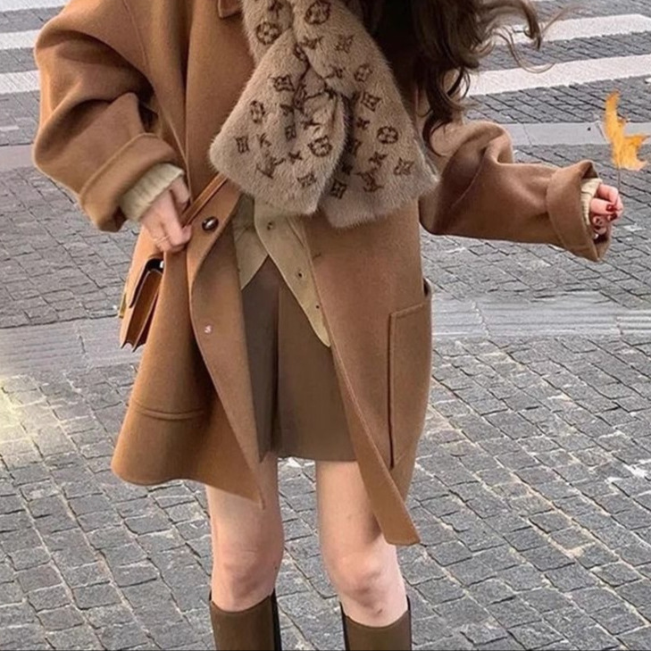 新品棕色翻领气质加厚显瘦中长款斗篷毛呢外套女小个子呢子大衣