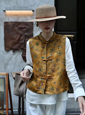 黄色提花桑蚕丝新中式马甲女2025秋季新款复古高级感叠穿马甲