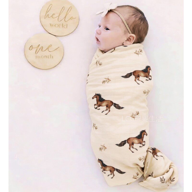 马年限定！北欧Lacribs竹棉双层纱布包巾婴儿宝宝盖毯产房襁褓巾