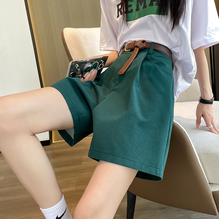 绿色西装短裤夏季薄款纯棉高腰显瘦宽松休闲阔腿直筒裤A字五分裤
