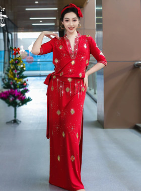 迷迭舞原创新款2026肚皮舞袍子年会红表演服练功服闪亮民俗演出服
