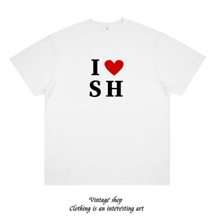 纯棉宽松半袖 我爱上海趣味印花短袖 潮小众设计男女情侣 LOVE