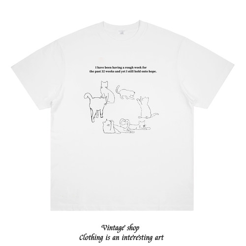 素描猫咪趣味美式印花短袖小众设计ootd打底vintage情侣上衣夏季