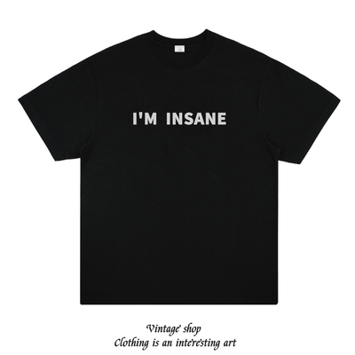 I'M INSANE 趣味ins美式简约纯棉纯色打底印花短袖个性时尚T恤潮