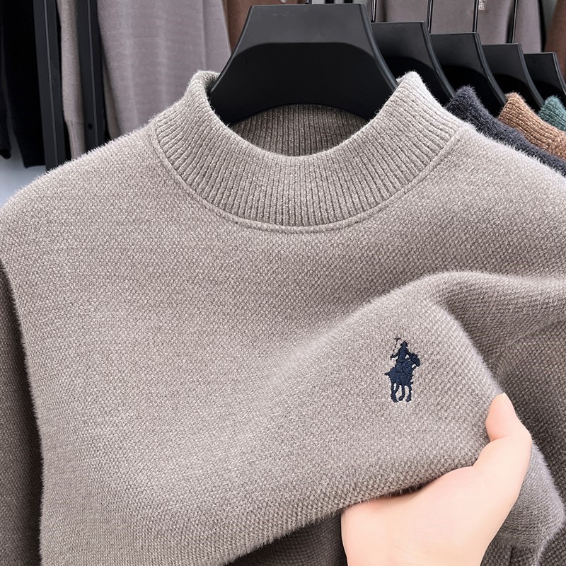 一体绒不起球雪尼尔毛衣男半高领针织打底衫秋冬新款加绒加厚保暖