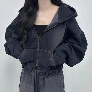 双拉链宽松短款连帽牛仔外套女