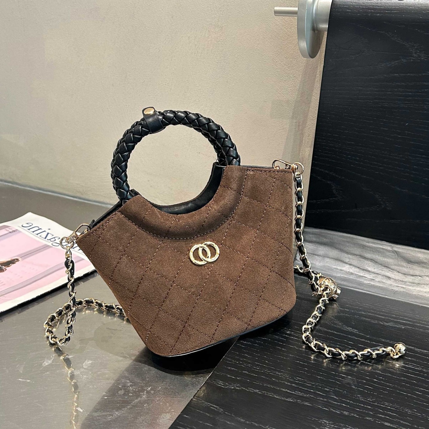 小香风mini菱格链条水桶包韩国秋冬流行磨砂真皮女包手提斜挎包包