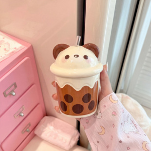 高颜值吸管陶瓷马克杯家用喝水杯情侣对杯带盖办公室咖啡杯伴手礼