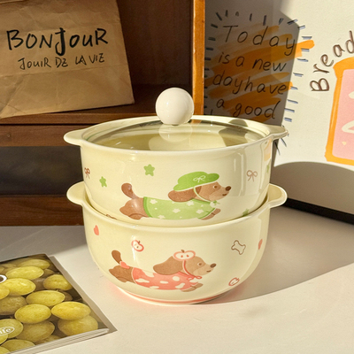 可爱腊肠小狗陶瓷泡面碗带盖汤碗
