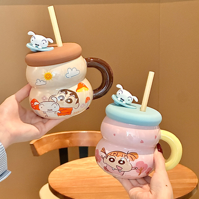 蜡笔小新吸管水杯可爱陶瓷马克杯