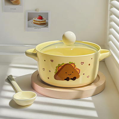 可爱塔可陶瓷泡面碗带盖餐具学生