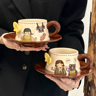 高颜值复古浮雕蝴蝶陶瓷咖啡杯碟套装下午茶拿铁马克杯伴手礼礼盒