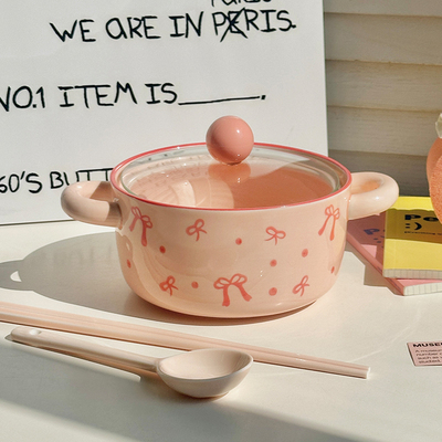 高颜值可爱蝴蝶结泡面碗带盖勺学生宿舍打饭碗大容量双耳螺蛳粉碗