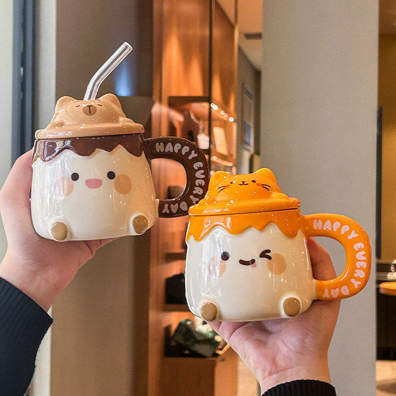 ins可爱卡通萌宠吸管水杯女生高颜值陶瓷马克杯带盖办公室咖啡杯,餐饮具,马克杯,淘宝优惠券,粉丝福利购,淘宝优惠卷