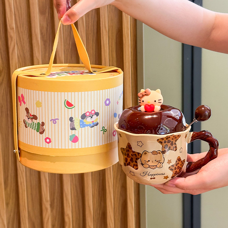 黑皮猫咪水杯女生高颜值陶瓷马克杯带盖家用喝水杯生日礼物礼盒装