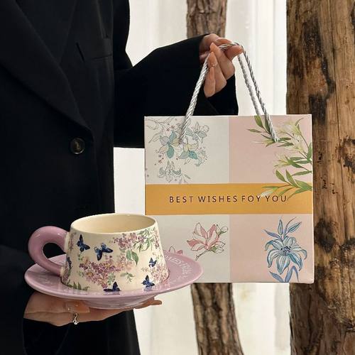 艺术感紫薇花陶瓷咖啡杯碟套装