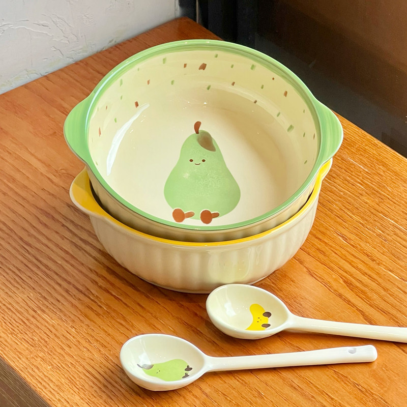 奶油风餐具可爱梨子双耳汤碗家用图片