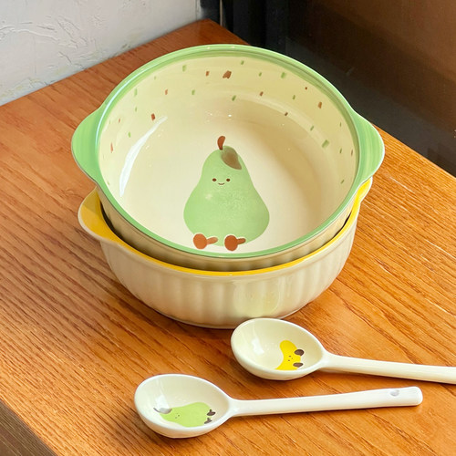 奶油风餐具可爱梨子双耳汤碗家用