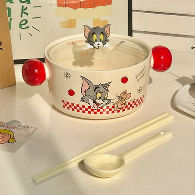 日式可爱猫和老鼠泡面碗带盖汤碗