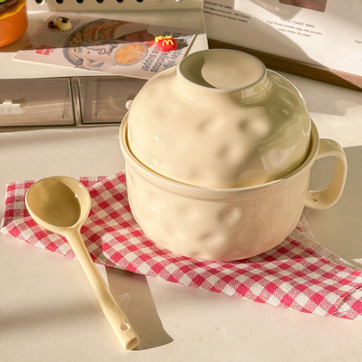 ins奶油风陶瓷泡面碗带盖勺学生