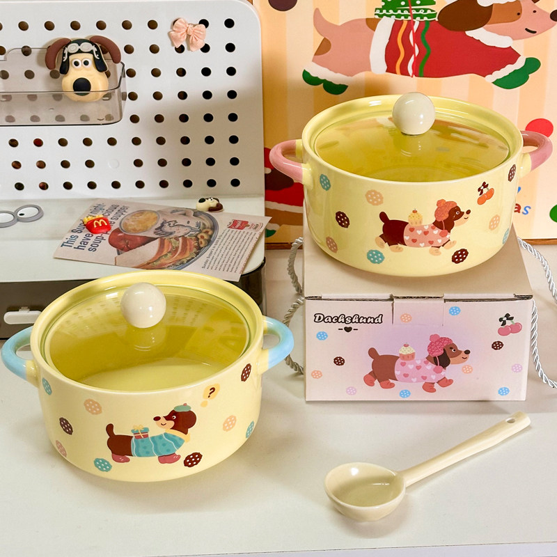 原创腊肠小狗双耳泡面碗带盖卡通陶瓷汤碗学生宿舍大容量螺蛳粉碗,餐饮具,碗,淘宝优惠券,粉丝福利购,淘宝优惠卷