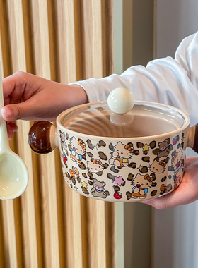 高颜值黑皮kt猫咪双耳泡面碗大号汤碗2026新款陶瓷螺蛳粉碗带盖勺