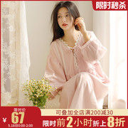 Japanese sexy nightdress women's spring and autumn cotton gauze long-sleeved lace nightgown dress princess palace style pullover home skirt