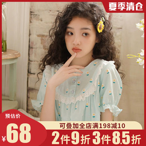 睡裙女夏季纯棉纱布薄款短袖睡衣日系甜美碎花中长款可外穿家居裙