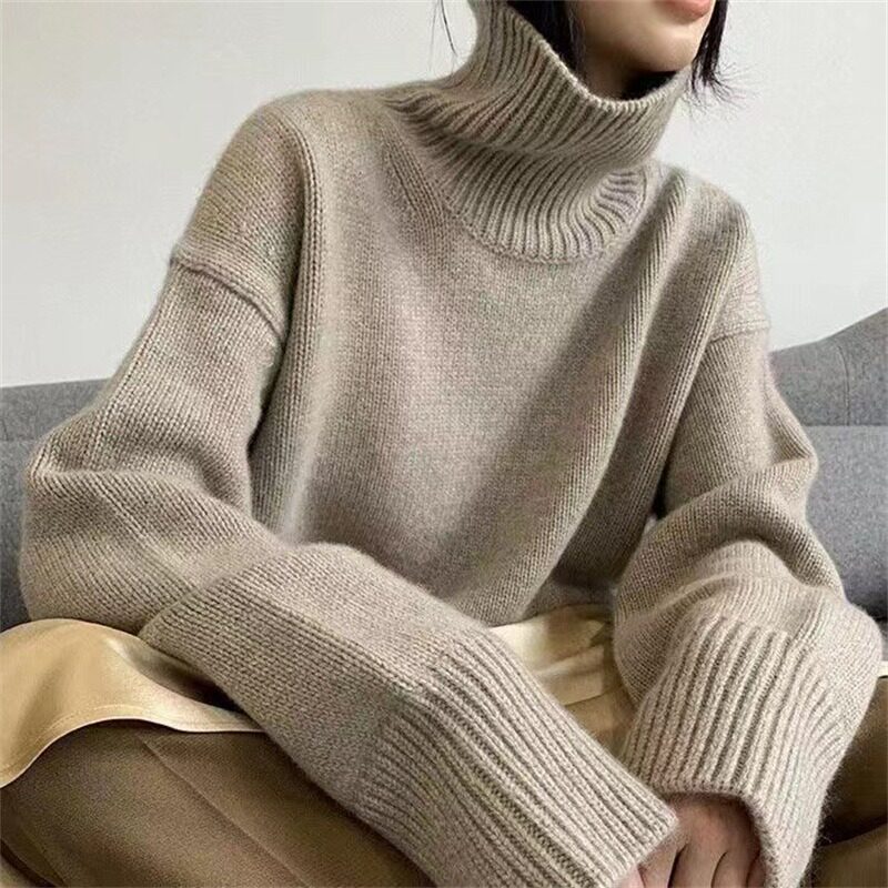 针织衫女高领套头毛衣女新款宽松慵懒风显瘦纯色打底衫上衣女
