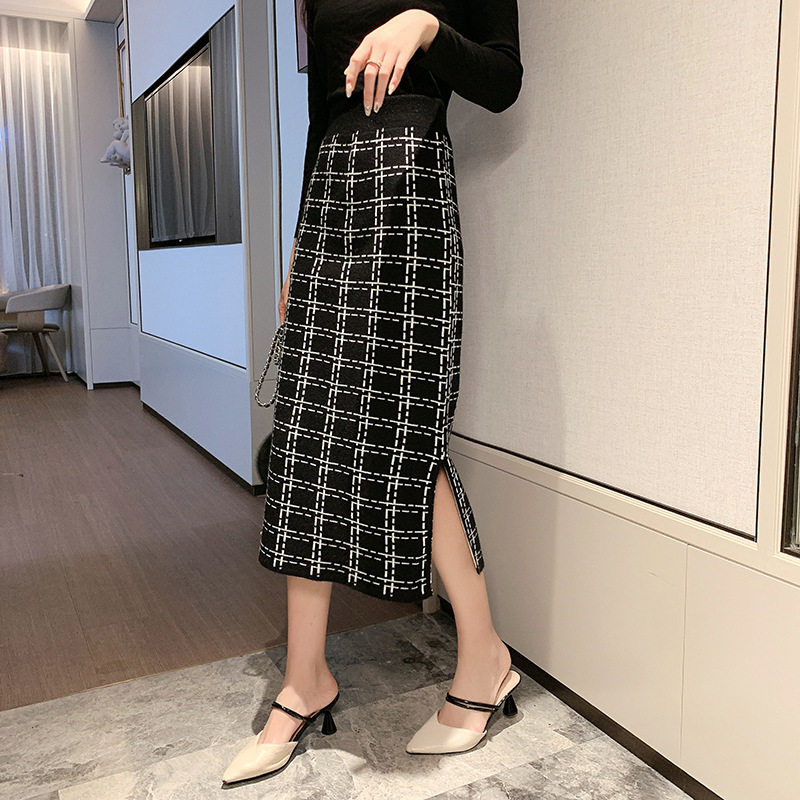实拍针织半身裙女秋季包臀裙侧开叉高腰a字裙中长款一步裙格子裙