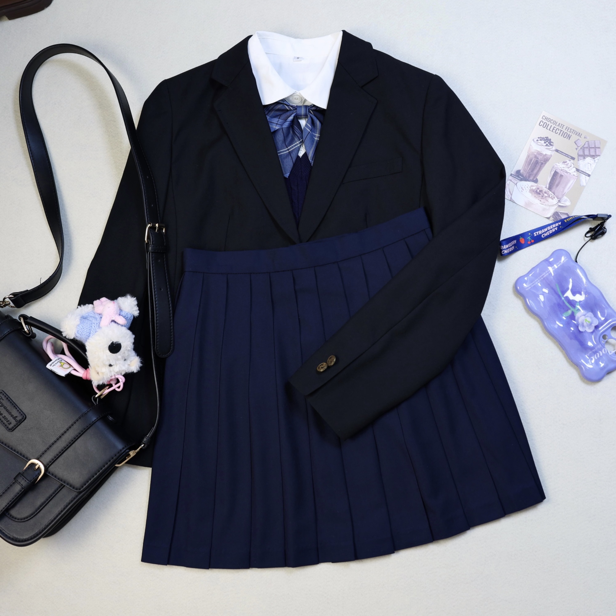 西装套装学院风jk制服藏蓝色西服外套针织马甲背心百褶裙短裙